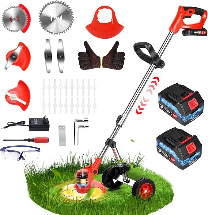 Electric Weed Wacker Cordless Weed Eater Battery Powered 21V, 4-in-1 Brush Cutter/String Trimmer/Grass Trimmer/Lawn Mower, 6 inch Edger Stringless Weed Trimmer with Wheel & Blade, 2 Battery(Red)