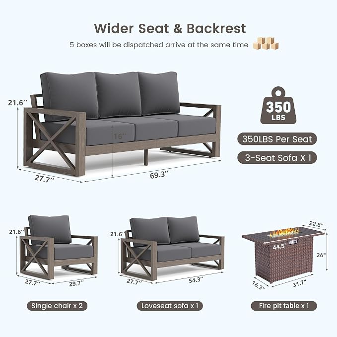 UDPATIO Aluminum Patio Furniture Set, Faux Wood Grain Modern Outdoor Furniture, 6" Cushions Metal Patio Conversation Sofa with Fire Table for Poolside Deck, 8 PCS, Dark Grey(Include 600D Covers)