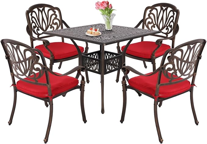 Grepatio 5 Piece Cast Aluminum Patio Dining Set Outdoor Furniture Set Patio Garden Set with 4 Ding Chairs, 4 Cushions and 35.4" Square Patio Table 2.4" Umbrella Hole, Antique Bronze (Red)