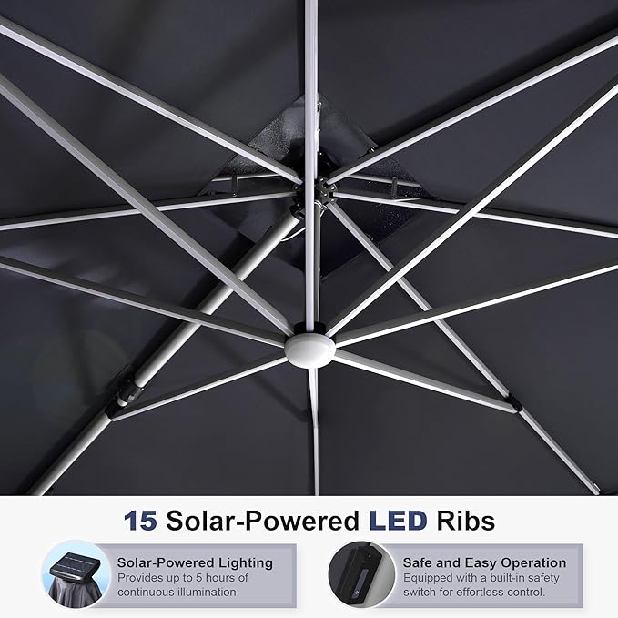 PURPLE LEAF 11 Feet Solar Powered LED Square Cantilever Umbrella With Base Patio Umbrella Windproof Outdoor Offset, Grey