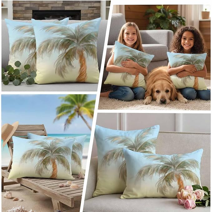 Yukro Summer Palm Tree Outdoor Waterproof Pillow Covers Pack of 2, Coastal Tropical Plant Watercolor Texture Throw Pillowcases Decorative Cushion Covers for Garden Patio Tent Sofa Couch, 20x20 inch