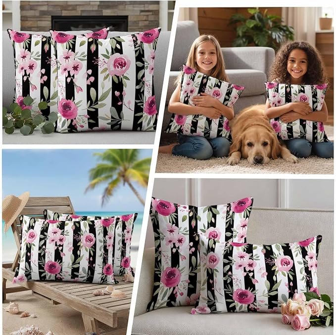 Outdoor Throw Pillow Covers Waterproof Pillow Cases 18x18in Watercolor Pink Floral Decorative Cushion Cases for Couch Sofa Patio Garden 2 Pack Black and White Stripes