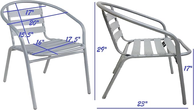 BTEXPERT Indoor Outdoor Restaurant Stainless Steel Aluminum + 3 Silver Gray Metal Slat Stack Commercial Lightweight, 3 Chairs with a 27.5" Square Table