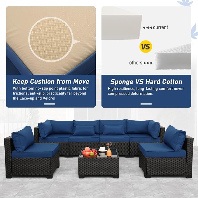 Valita 7 Pieces Outdoor Wicker Furniture Conversation Set Patio Sectional Sofa Set Glass Table with Non-Slip Cushions Furniture Cover, Navy Blue