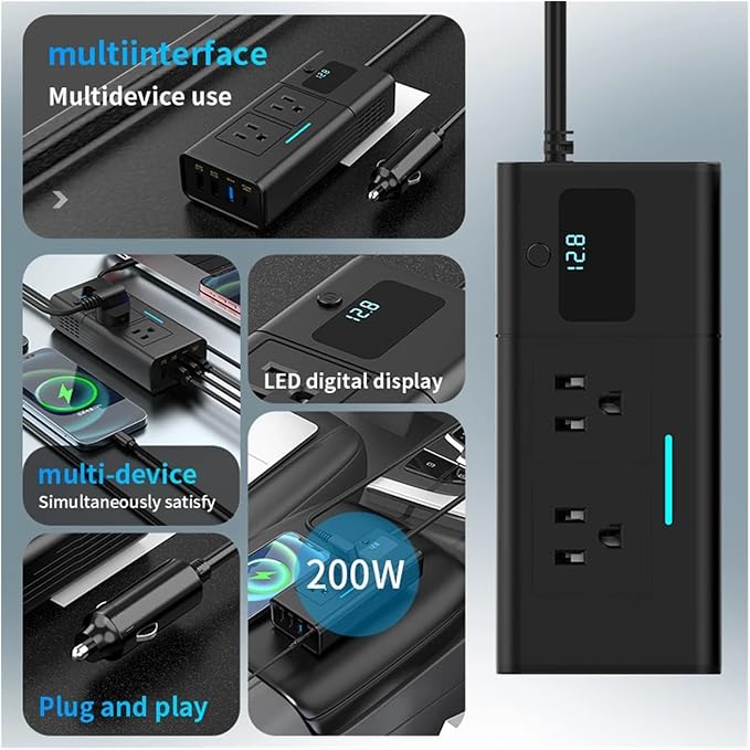 Car Converter 200W Inverter Power Converter 12V Vehicles 6 Output Ports QC 3.0 PD LCD Screen Universal