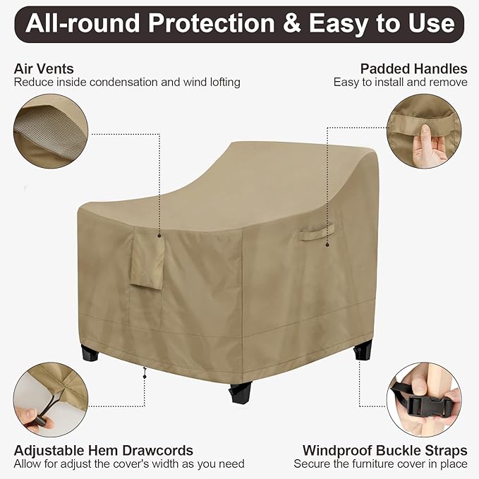 PureFit Outdoor Chair Covers Waterproof 2 Pack Patio Furniture Lawn Chair Covers for Outdoor Furniture with Air Vent and Padded Handles, Fits up to 30W x 37D x 31H Inches, Camel