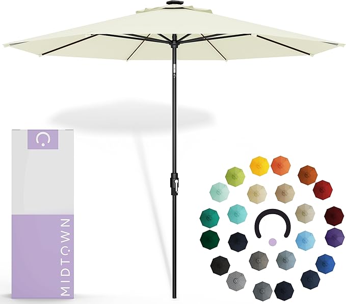 Midtown Umbrellas Led Swilt Sunbrella Umbrella, 8 Foot Patio Umbrella In Sunbrella Canvas Natural Acrylic Fabric - Deck Patio Umbrella, Backyard Umbrella, Garden Umbrella & Pool Umbrella - Black Pole