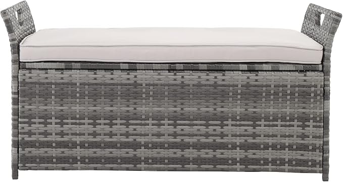 33 Gallon Outdoor Wicker Storage Bench with Cushion, Rattan Storage Box, 2-in-1 Large Capacity Rectangle Garden Storage Box Wicker Deck Box with Handles＆Seat for Backyard, Balcony, Poolside (Gray)