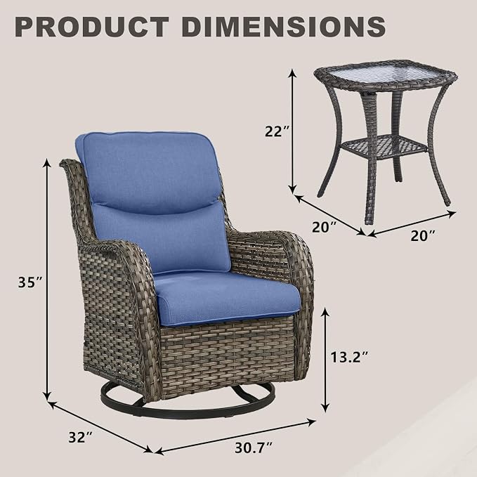 Rilyson Wicker Rocking Chair Swivel Chairs - 3 Piece Rocker Patio Furniture Set Rattan Rocking Bistro Sets with Glass Top Side Table for Outdoor Porch Deck Garden Backyard (Mixed Grey/Blue/Smile)