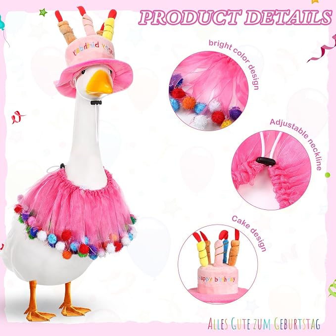 Aliceset Happy Birthday Porch Goose Outfit Lawn Goose Clothes Hat and Tutu Collar Goose Outfits for 23" Cement/Plastic Porch Goose Outdoor Statue Patio Yard Lawn Art (Pink)