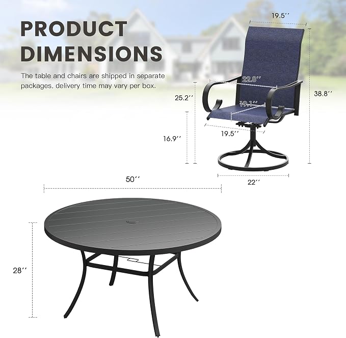 7 Pieces Patio Dining Set, 6 Outdoor Swivel Dining Chairs with 50" Round Metal Outdoor Dining Table with Umbrella Hole for Garden Backyard Deck, Dark Blue & Black