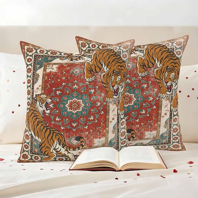 Tiger Print Outdoor Pillow Covers 24"x24" Set of 2, Boho Vintage Animal Orange Red Floral Geometric Waterproof Throw Pillow Covers for Patio Furniture, Decorative Cushion Covers for Porch