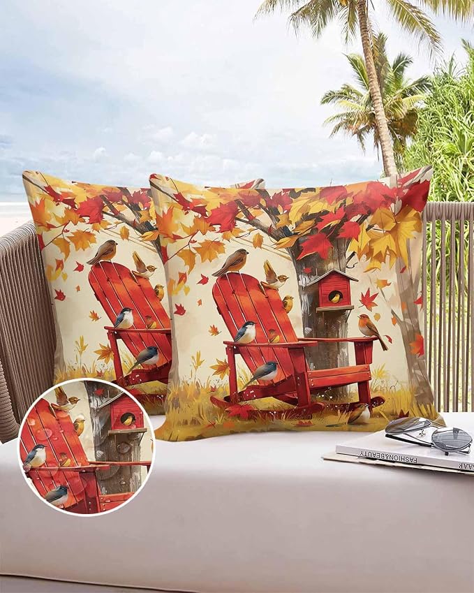 Outdoor Waterproof Throw Pillow Covers 24x24in, Autumn Maple Forest Cushions for Garden Patio Furniture Chairs Set of 2, Red Chair Birds Home Decor Couch Sofa Polyester Pillow Cases