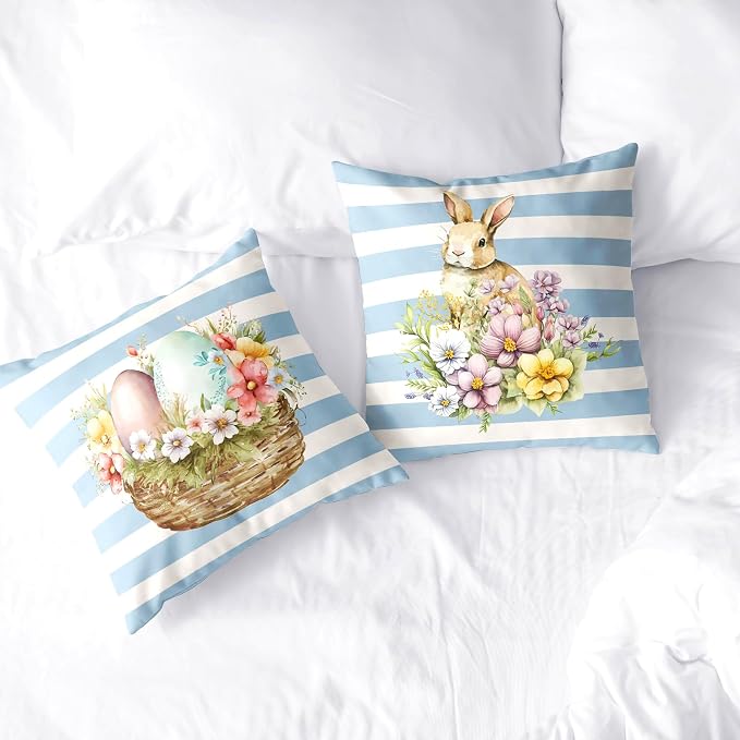 Striped White and Blue Easter Bunny Pillow Covers 16x16 Egg Pink Flower Pillows Cases Cute Bunny Pillow Covers Spring Holiday Decor for Indoors Couch Living Room in 2 Pcs