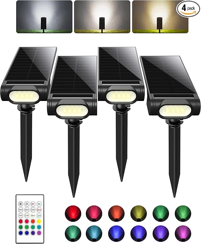 EZVALO Solar Spot Lights Outdoor with Remote, Solar Spotlights Waterproof IP67, 3 Color Temps & RGB Color Changing Solar Lights for Outdoor Yard Garden Plant Trees Pathway (4 Pack)