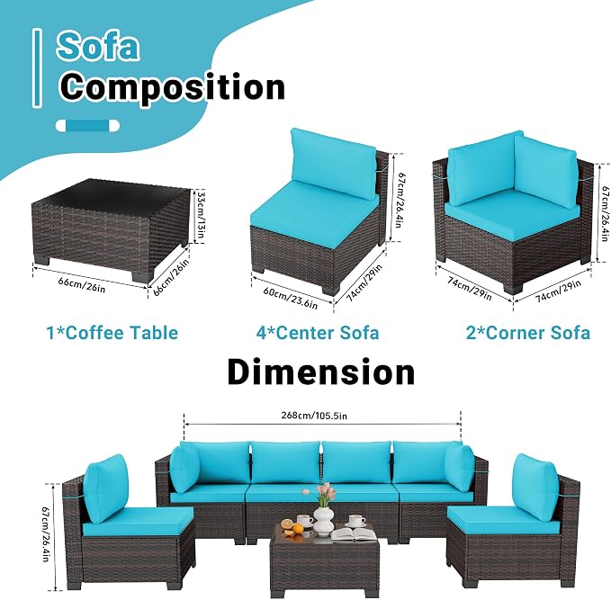 LEVELEVE 7-Piece Outdoor Patio Furniture Sets, Manual Weaving Rattan Conversation Sectional Sofa with Tempered Glass Coffee Table, All-Weather PE Wicker & Thick Cushions for Garden, Backyard, Porch