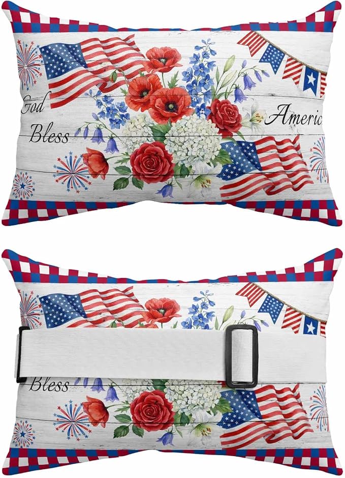 250th Anniversary Outdoor Pillows for Chaise Lounge Chair Waterproof Lumbar Pillows with Insert&Adjustable Elastic Strap Beach Headrest Pillow Independence Day Floral Wooden Neck Pillow 12"x20"