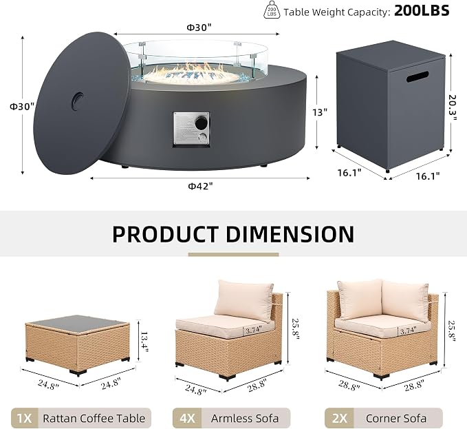 UPHA 9 Pieces Patio Furniture Sets, Wicker Outdoor Sectional Sofa Couch with Round Propane Pit for Deck Backyard Garden, Beige Rattan, Beige Cushion