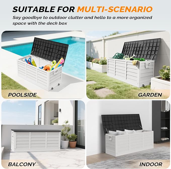 VINGLI 75 Gallon Collapsible Outdoor Storage Box, Simple-to-assemble Plastic Storage Containers with Lid, Patio Deck Box Furniture for Garden, Pool, Balcony, Yard (White)