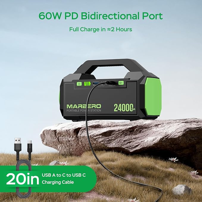 MARBERO Portable Charger Power Bank 24,000mAh Portable Power Station 88.8Wh Solar Generator 60W Power Bank with USB QC3.0/PD3.0 Output for Camping Emergency Travel Fishing Outdoor Exploration