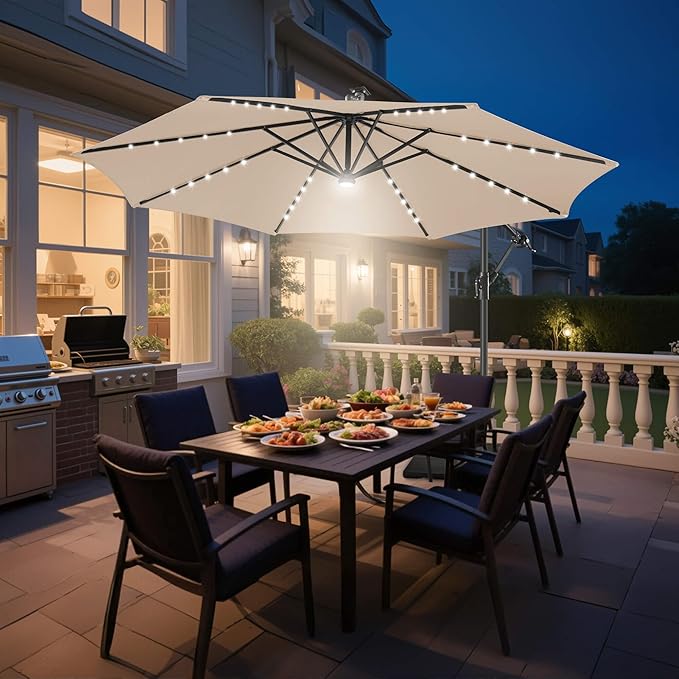 Solar Offset Patio Umbrella - 10 FT Solar Cantilever Umbrella Outdoor with 40 LED Lights and Cross Base, UV Protection for Garden, Deck, Backyard, Pool, Porch, Beige