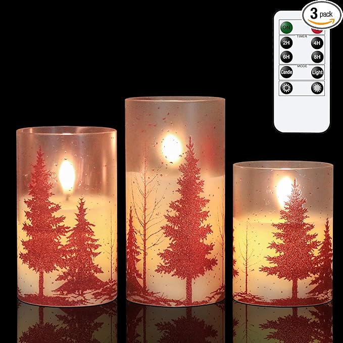 Wondise Glass Flameless Candles with Remote and Timer, Battery Operated Pine Tree Decals Pillar Candles for Home Decoration, Set of 3(D3 x H4/5/6 Inch)