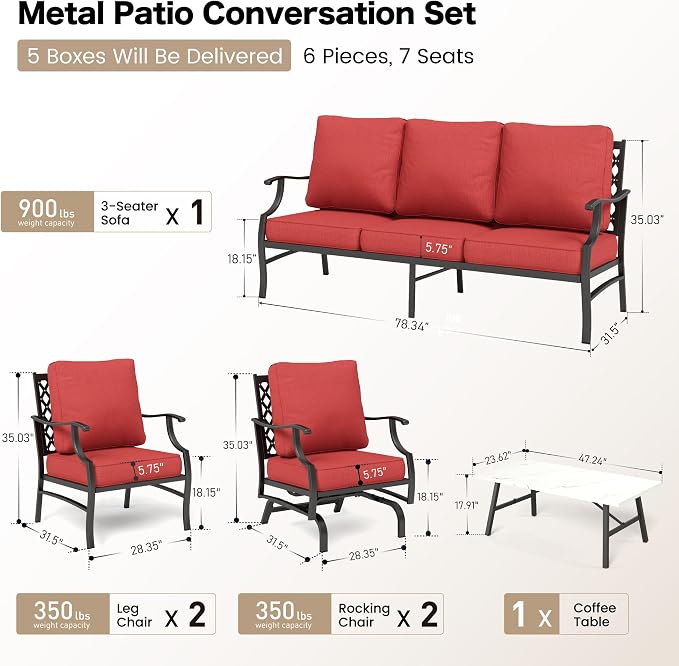 SUNSHINE VALLEY 6 Piece Metal Outdoor Patio Furniture Set, Patio Conversation Set 1 3-Seater Sofa, 2 Rocking Chair, 2 Leg Chair with 5.75" Thick Cushion and Coffee Table, Backyard Furniture Set, Red