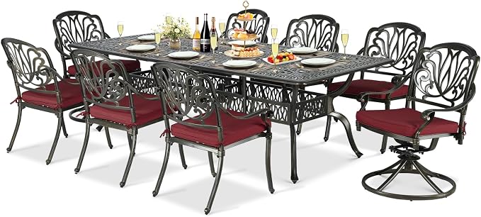 9-Piece Patio Cast Aluminum Dining Set, Outdoor Dining Furniture Set for 8 Person, Includes 94.5" Rectangular Dining Table, 6 Stationary, 2 Swivel Dining Chairs with Umbrella Hole, Red
