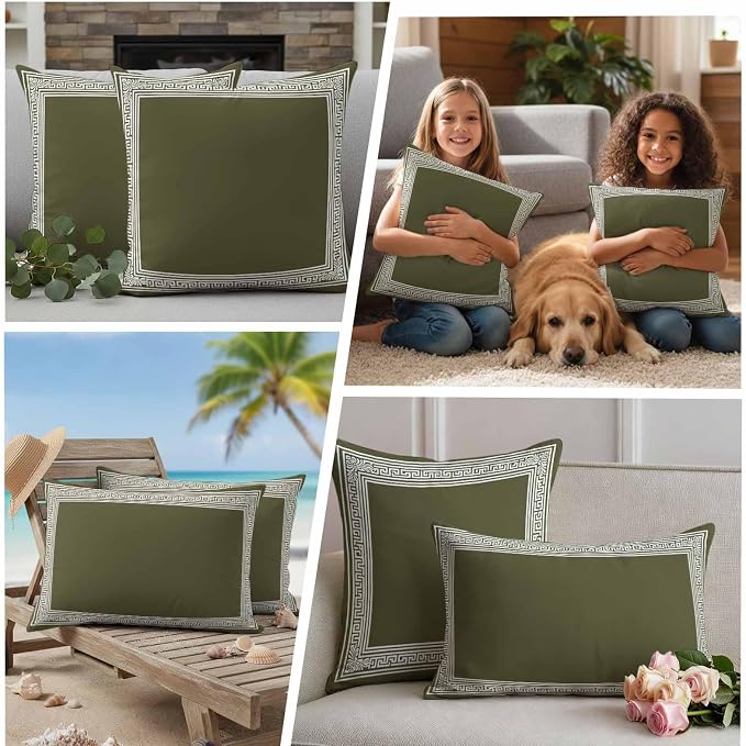 Olive Green Greek Key Waterproof Outdoor Pillow Covers Set of 2 Home Decor, Geometric Greece Ancient Farmhouse Geo Pillowcase Patio Pillow Covers for Couch Bench Furniture Garden 20x12in