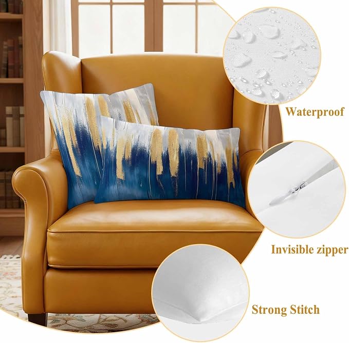 Abstract Color Block Outdoor Waterproof Throw Pillow Covers Set of 2, 24"x24", Navy Block Impressionist Style Decorative Pillow Covers Outside Cushion Case for Patio Porch Garden