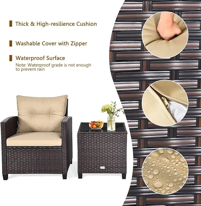 HAPPYGRILL 3 Pieces Patio Conversation Set, Outdoor Furniture Set PE Rattan Sofa Set with Removable Cushions, PE Wicker Chairs with Tempered Glass Side Table for Porch Lawn Garden Balcony Backyard