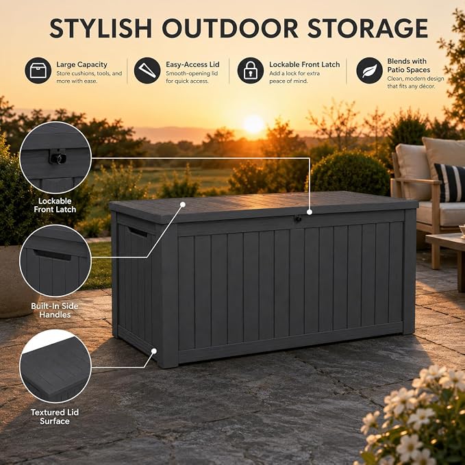 Outdoor Deck Patio Storage Box - 140 Gallon Large Outdoor Deck Box, Plastic Storage Bin with Lid, Outside Toy Box & Pool Storage Container for Cushions, Garden Tools, Towel, Black