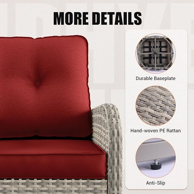 7Pcs Patio Rocking Swivel Chair with 55,000 BTU Fire Pit Table Outdoor Wicker Rattan Bistro Set with Tempered Glass Side Table, Outdoor Patio Furniture Set for Garden and Balcony, Red