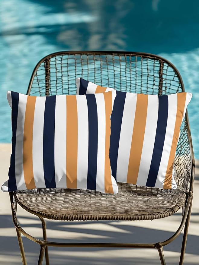 Outdoor Pillows Waterproof, Burnt Orange Navy Blue Striped Bedding Throw Pillows with Insert for Couch Sofa Bed, Farmhouse Stripe Art 18x18 Inch Pillowcases Camping Patio Pillow Set of 2