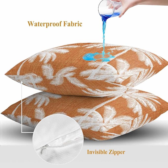 Outdoor Pillow Covers 16x16 Inch Set of 2, Burnt Orange Palm Trees Waterproof Throw Pillow Covers, Farmhouse Tropical Summer Beach Decorative Cushion Pillowcases for Couch, Sofa, Bed, Garden, Patio