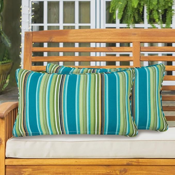Lumbar Pillow Covers Set of 2, Outdoor Indoor Waterproof Patio Lumbar Pillowcase Shell 12x20 Inch, Rectangular Cushion Case for Couch Sofa Garden Farmhouse-Green Stripe
