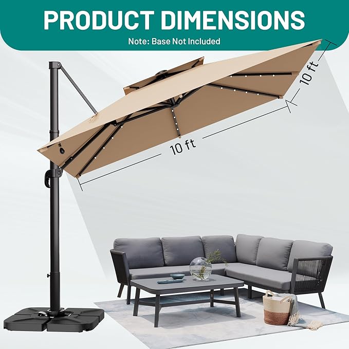 AreShark 10×10FT Solar LED Cantilever Umbrella, Double-Top Outdoor Patio Offset with 360 Degree Rotation, Square Offset Hanging Umbrella for Garden Deck Pool, Beige