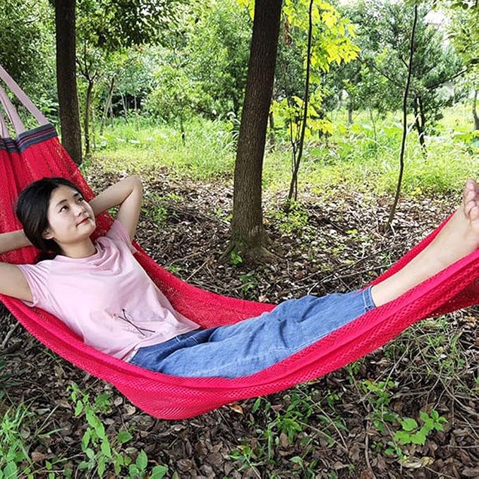 Outdoor Hammock, Load Bearing Camping Hammock, Super Soft and Breathable Nylon Mesh Hammock, with Portabl Carry Bag, Handwoven Mayan Family Hammock, for Outside Outdoor Patio Backyard (Red)