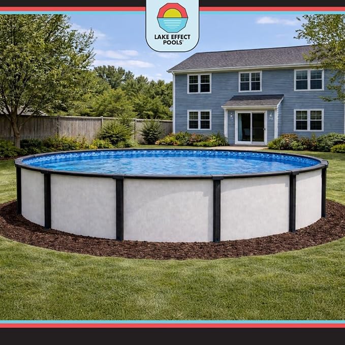 Lake Effect Pools 'Fiji' 12 ft Round Above Ground Swimming Pool | 52 Inch Resin Protected Steel Sided Walls | Bundle Includes: 25 Gauge Unibead Liner & Widemouth Skimmer