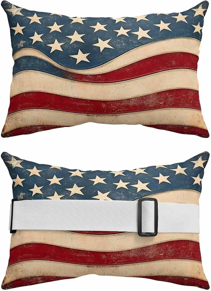 Pack of 2 Outdoor Lumbar Pillow Covers 11x16 Inch, Vintage American Flag Waterproof Throw Pillow Covers Set, Blue Red White Star US Flag Indoor&Outdoor Decorative Cushion Cases for Patio Porch Beach