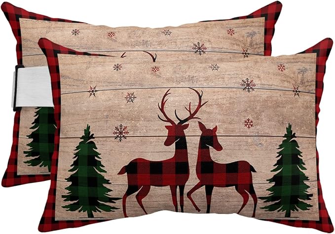 Outdoor Pillows Covers with Inserts Merry Christmas Elk Deer and Green Xmas Tree Waterproof Recliner Pillow with Adjustable Strap Throw Pillows for Patio Furniture Pool Lounge Chair, 11x16 inch, 2PCS