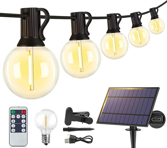 25FT Solar String Lights with Remote, 3 Modes, 11 G40 Bulbs, Black | Solar Powered, Dusk to Dawn, Dimmable, Timer, Memory Function, LED Globe Hanging Lights for Umbrella Gazebo Patio Decor