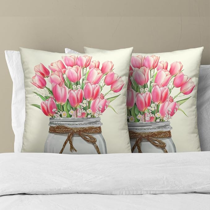 Tulip Spring Floral Pillow Covers 16x16, 2Pcs Set Pink Flowers Leaves Botanical Mason Jar Decorative Pillow Cases Soft Cotton Square Cushion Cover for Bed Sofa Farmhouse Home Decor