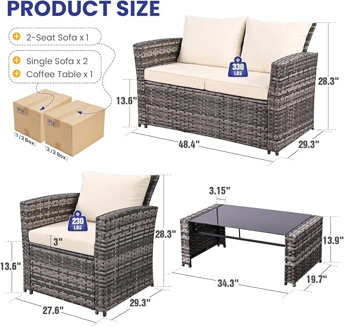 FHFO 4 Piece Outdoor Wicker Patio Furniture Set, Grey/Beige | Sectional Sofa | All-Weather Hand-Woven Rattan | Tempered Glass Coffee Table | Durable Fabric | Indoor & Outdoor Use