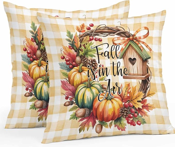 Fall Pumpkin Waterproof Outdoor Pillow Covers Set of 2 Home Decor, Thanksgiving Orange Check Maple Cabin Pillowcase Patio Pillow Covers for Couch Bench Furniture Garden 26x26in