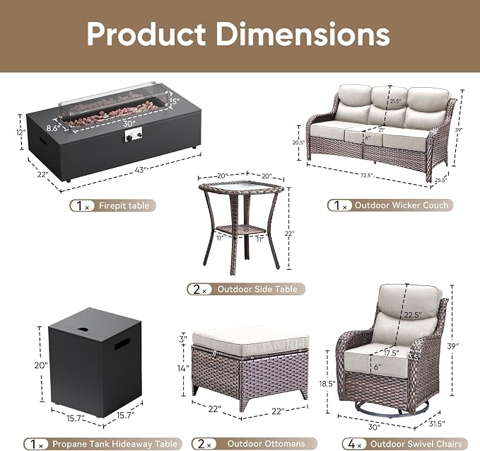 HUMMUH Luxury Patio Furniture Set 6-inch Thick Cushions High Back Swivel Rocker Chairs & 3 Seater-Couch & Steel Fire Pit Table 11 Pieces Outdoor Conversation Set for Porch,Deck,Backyard