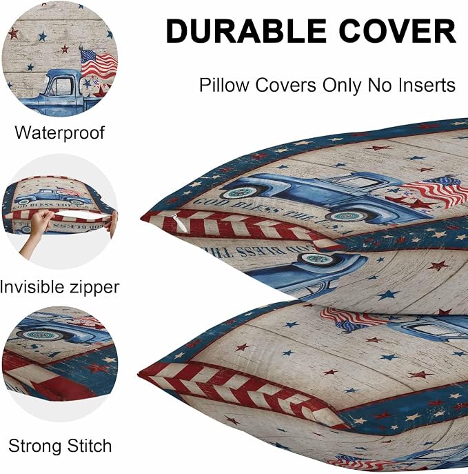 Patriotic Waterproof Pillow Covers for Couch Throw Pillow Cases Set of 2, Independence Day Blue Truck USA Flag Stars Decorative Cushion Pillow Covers 18x18In,Indoor Outdoor Decor Retro Wood Grain