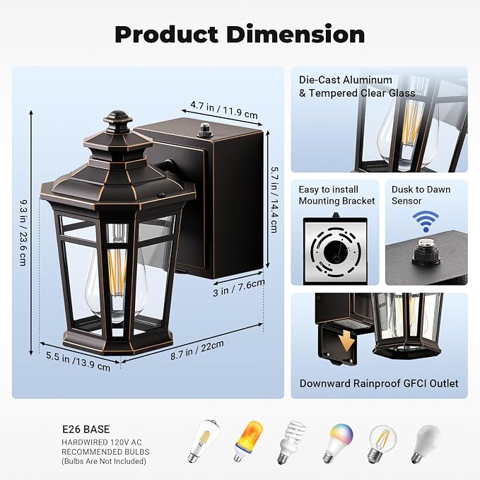 Gleamz Outdoor Wall Light with GFCI Outlet, ORB Dusk to Dawn Outdoor Lighting, Patio Lights Outside Waterproof Anti-Rust, Exterior Lighting Fixtures Wall Mount for Garden, Front Door, E26 Base