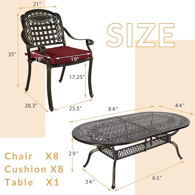 9-Piece Patio Dining Set, Outdoor Patio Table and Chair Set of 84” Oval Cast Aluminum Dining Table with Umbrella Hole and 8 Outdoor Dining Cushion Chairs, Patio Funiture Set for Garden, Red