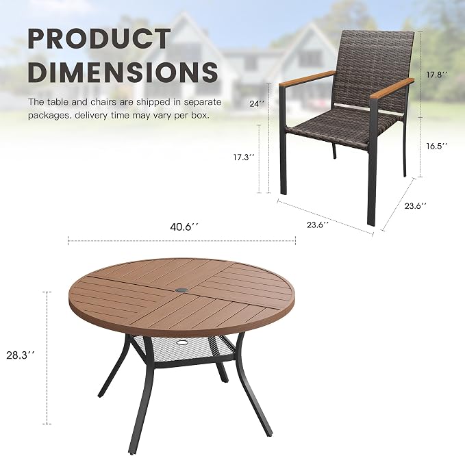 Round Patio Dining Set for 4, Outdoor Furniture Set of 40.6" Round Metal Table with Umbrella Hole and Stackable Wicker Patio Chairs for Backyard Lawn Garden, Walnut Chairs, Walnut Table
